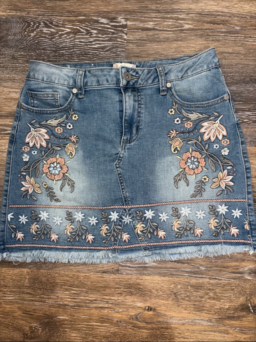 Altar'd State Denim Mini Skirt with Floral Embroidery - Blue